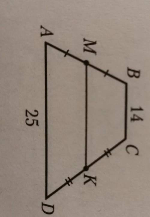 1. На рисунке ABCD – трапеция и AM = MB, DK = KC. Найдите МК:а) 39;б) 11;в) 5,5;г) 19,5.B 14C​