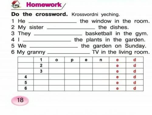 3 They HomeworkDo the crossword. Решите кроссворд.1 Hethe window in the room2 My sisterthe dishesbas