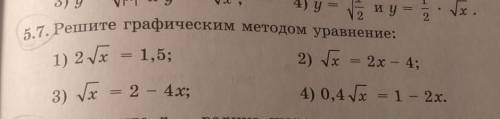 5.7. Решите графическим методом уравнение: 1) 2√x = 1,5;2) √х = 2х - 4;3) √х = 2 - 4x;4) 0,4 √х = 1