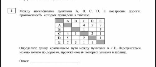 Между населенными пунктами A,B,C,D,E построены дороги, протяженность которых приведена в таблице