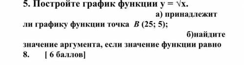 Постройте график функции у = √х. а) принадлежит ли графику функции точка В (25; 5); б)найдите значен