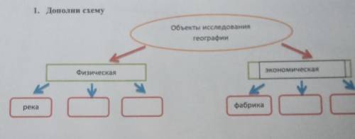 1. Дополни схему Объекты исследованиягеографииФизическаяэкономическаякУП0рекафабрик​