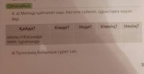 Ойланайық 4. а) Мәтінді қайталап оқы. Кестеге сүйеніп, сұрақтарға жауапбер.Қайда?Кімде? Неде? Кімнің