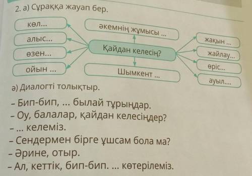 Өрістен Жаттығайық2. а) Cұраққа жауап бер.көл...әкемнің жұмысы ...жақын ...алыс...Қайдан келесің?Өзе