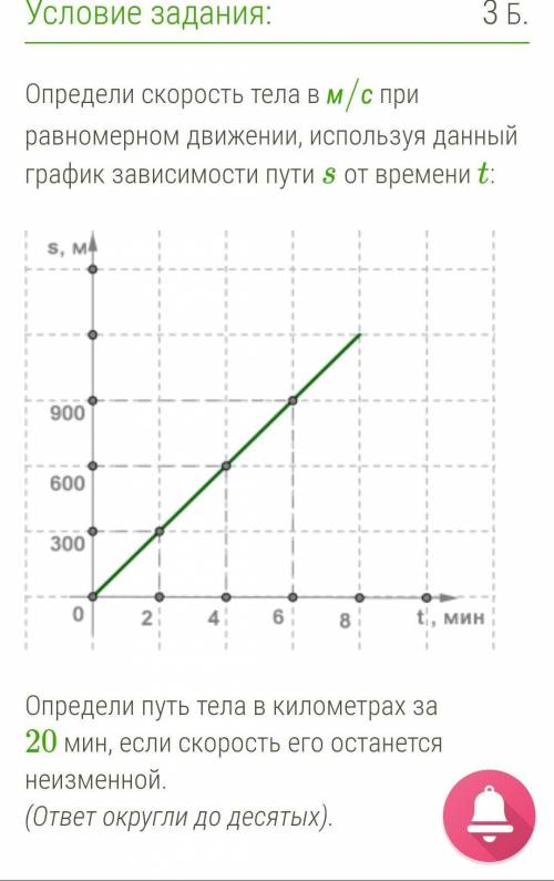 Определи скорость тела в м/с при равномерном движении, используя данный график зависимости пути s от