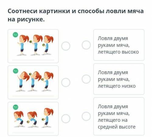 Соотнеси картинки и ловли мяча на рисунке. ￼￼￼Ловля двумя руками мяча, летящего высокоЛовля двумя ру