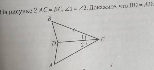 На рисунке 2 AC=BC, угол 1= углу 2 Докажите что BD=AD​