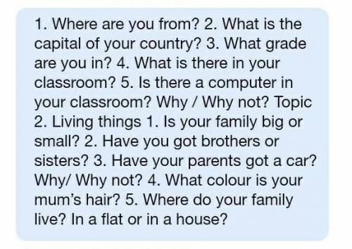 1. Where are you from? 2. What is the capital of your country? 3. What grade are you in? 4. What is