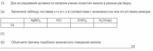 Для исследования активности металла ученик поместил железо в разные растворы. (а) Заполните таблицу,