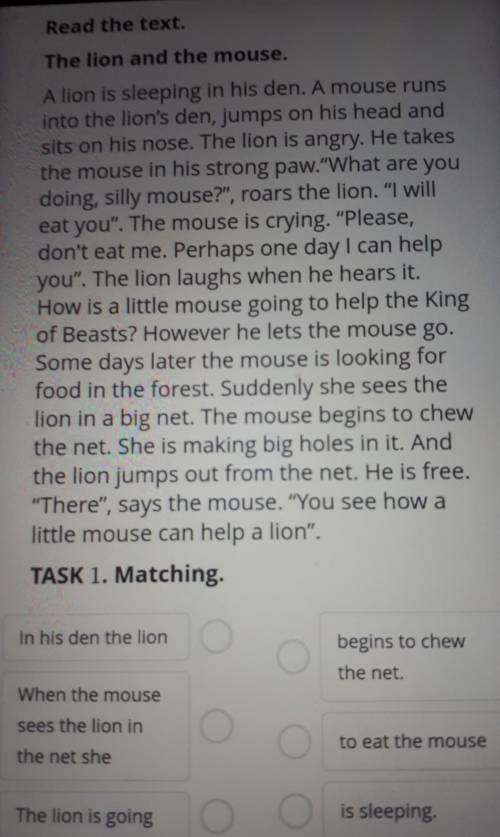 Read the text. The lion and the mouse.A lion is sleeping in his den. A mouse runsinto the lion's den