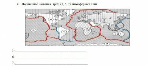 4. Подпишите названия трех (1, 6, 7) литосферных плит 1-6-7-​