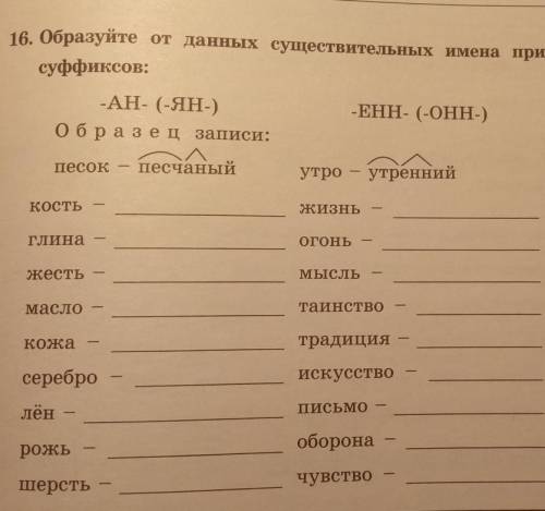 16. Образуйте от данных существительных имена прилагательные при суффиксов:-АН- (-ЯН-) -ЕНН- (-OHH-)