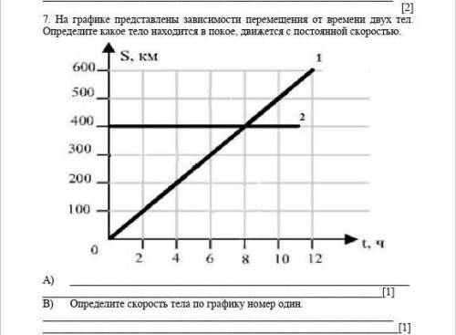 На графике представлены зависимости перемещения от времени двух тел. Определите какое тело находится