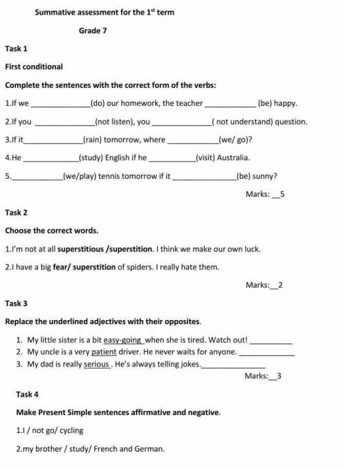 Summative assessment for the 1st term Grade 7Task 1First conditionalComplete the sentences with the