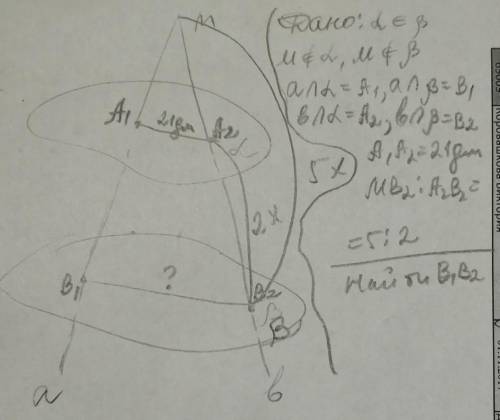 Через точку М, не лежащую между параллельными плоскостями α и β, проведены прямые a и b. Прямая a пе