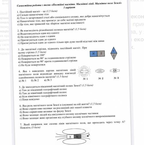 Самостійна робота з теми «Постійні магніти. Магнітні лінії. Магнітне поле Земл