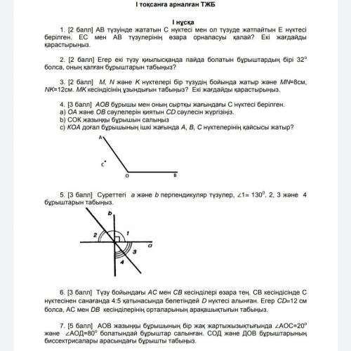 Геометрия жетінші класс ТЖБ (1 нұсқа