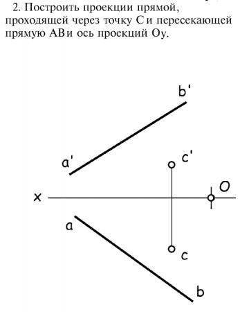 Построить проекции прямой, проходящей через точку C и пересекающей прямую AB и ось проекций Oy.