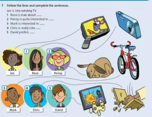 Follow the lines and complete the sentences. joe is into watching tv. 1.rosa is mad about..2 penny i