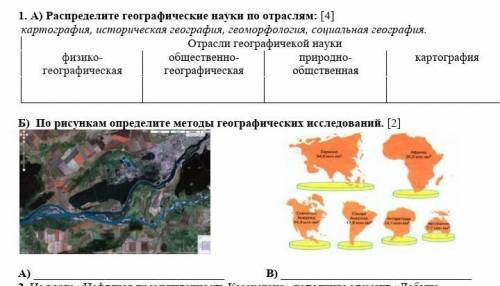 1. А) Распределите географические науки по отраслям: Б) По рисункам определите методы географических