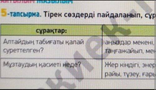Айтылым МАЗЫЛЫМ 5-тапсырма. Тірек сөздерді пайдаланып, сұрақтарға жауап бер.сұрақтар:Алтайдың табиға