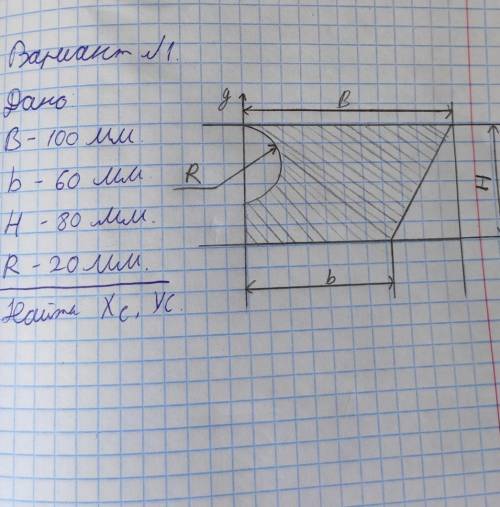 Помагите решить определить координаты центра тяжести плоской сложной фигурыДано:В-100ммb-60mmH-80mmR