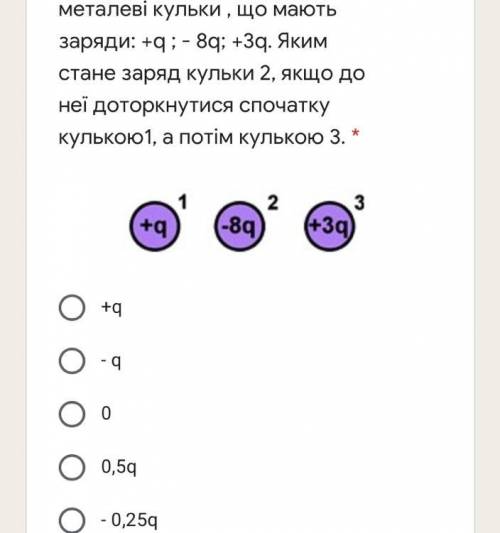 4. Однакові заряджені металеві кульки, що мають заряди: +q; - 8q; +3q. Яким стане заряд кульки 2, як