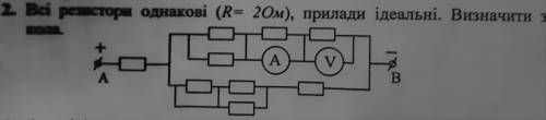 Всі резистори однакові (R=2Oм), прилади ідеальні. Визначити загальний опір кола Очень надо!