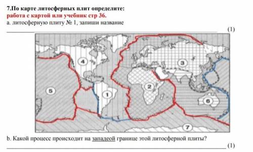 7.По карте литосферных плит определите: работа с картой или учебник стр 36.а. литосферную плиту № 1,