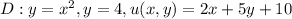 D: y=x^2, y=4, u(x,y)=2x+5y+10