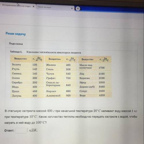 Подсказка Таблица 1, Удельная теплоёмкость некоторых веществ Вещество с, то Дж. Вещество c, г. с Дж