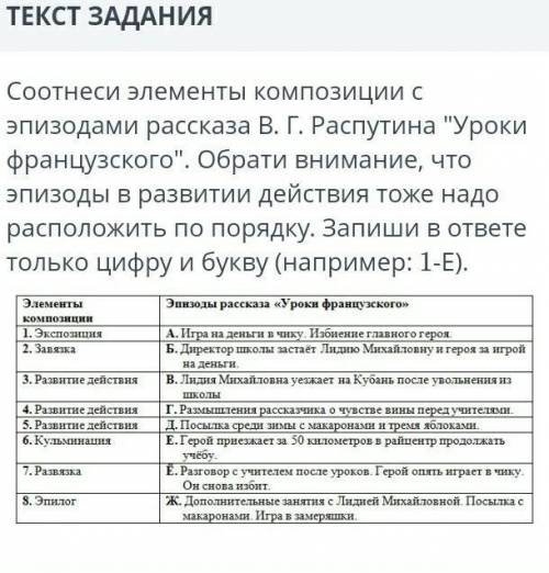 Соотнеси элементы композиции с эпизодами рассказа В. Г. Распутина Обрати внимание, что эпизоды в раз