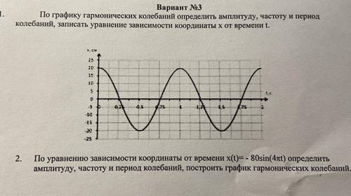 По графику гармонических колебаний определить амплитуду, частоту и период колебаний, записать уравне