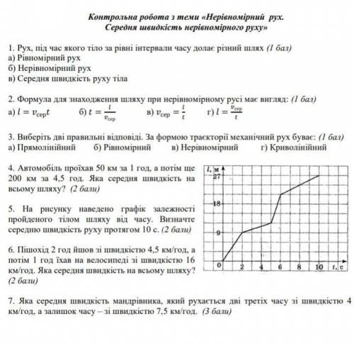 Контрольна робота з фізики за темою не рівномірний рух. Середня швидкість не рівномірного руху 7