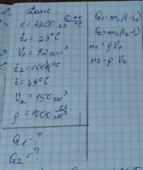 Дано :. c = 4200 Дж/кг × °С t1 = 23°C V1 = 92 см³. t2 = 100°Ct = 49°CV2 = 150 см³p(ро-густина)=1000к