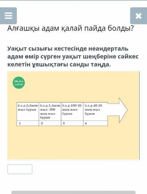 Уақыт сызығы кестесінде неандерталь адам сүрген уақыт шеңберіне сәйкес келетін ұяшықтағы санды таңда