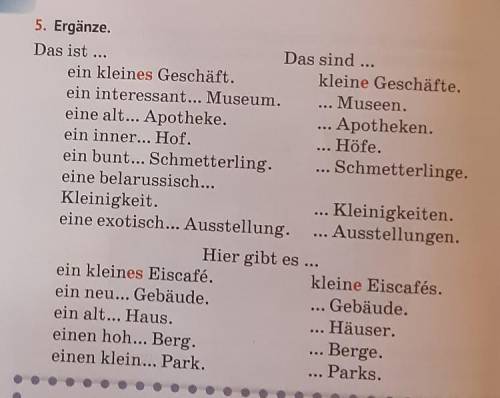 очень надо! 5. Ergänze.Das sind ...Das ist ..ein kleines Geschäft.kleine Geschäfte.ein interessant..