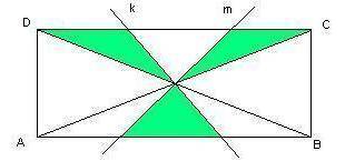В прямоугольнике ABCD прямые k и m проходят через точку пересечения диагоналей. Площадь фигуры, кото