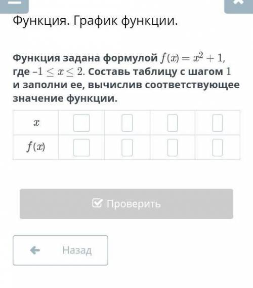 Функция задана формулой f (x) = x2 + 1, где –1 ≤ x ≤ 2. Составь таблицу с шагом 1и заполни ее, вычис