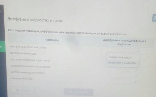 Распредели примеры диффузии на две группы:протекающие в газах и в жидкости​