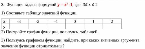 Функция задана формулой у = х^2 -1, где -3≤ х ≤ 2 1) Составьте таблицу значений функции. 2) Постройт