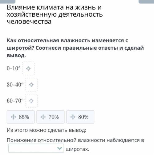 Как относительная влажность изменяется с широтой? Соотнеси правильные ответы и сделай вывод. 0–10° 3