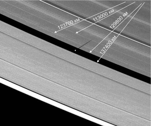 На фотографии колец Сатурна запечатлена тень, отбрасываемая на кольца одним из спутников планеты. Ст