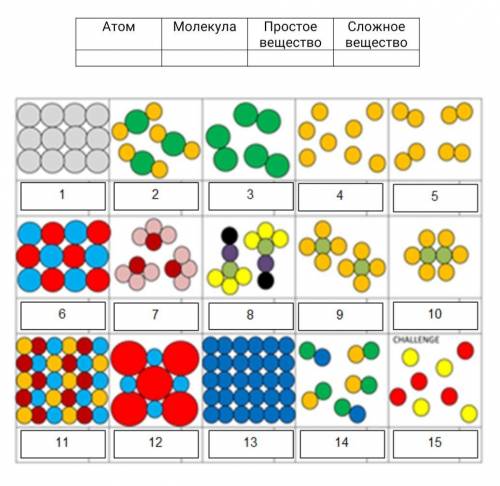 1 (а) На рисунке представлены атомы, молекулы, простые и сложные вещества. Определите их