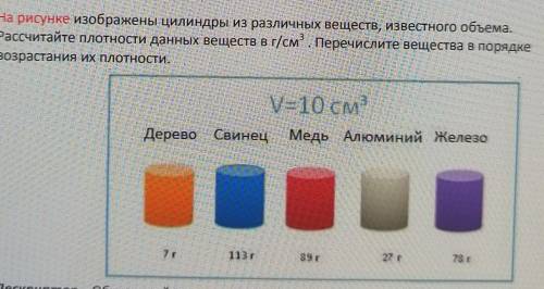 На рисунке изображены цилиндры из различных веществ, известного объема.Рассчитайте плотности данных