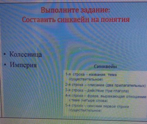 Выполните задание :Составить синквейн на понятия •Колесница •Империя