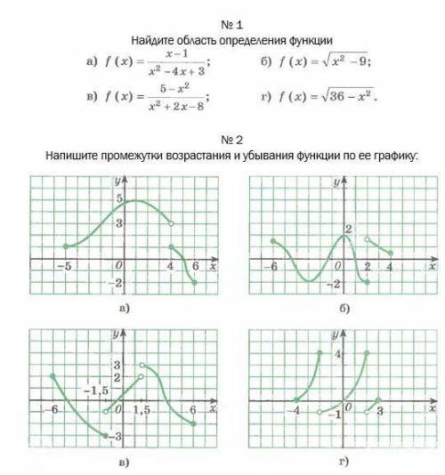 Задания во вложениях. № 1 Найдите область определения функции № 2 Напишите промежутки возрастания и