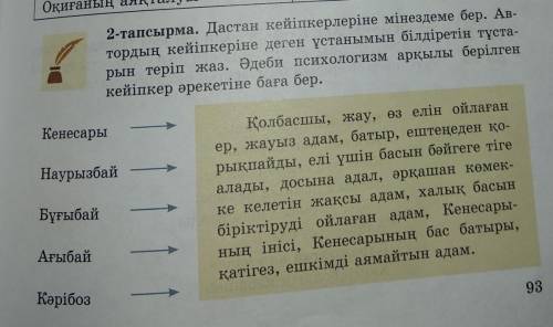 2-тапсырма. Дастан кейіпкерлеріне мінездеме бер. Ав- тордың кейіпкеріне деген ұстанымын білдіретін т