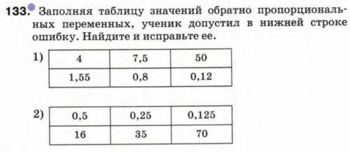 Заполняя таблицу значений обратно пропорциональных переменных, ученик допустил в нижней строке ошибк