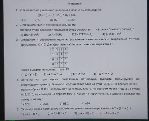 4 вариант 1. Для какого из указанных значений Х ложно высказывание(X > 3) - (X < 20)) - (Хs 15